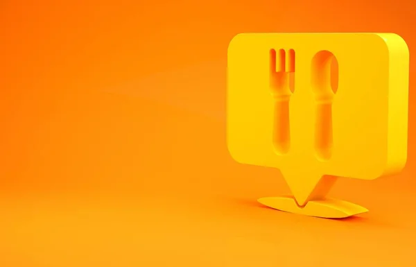 黄色のカフェとレストランの場所のアイコンは オレンジの背景に隔離された ポイント内のフォークとスプーンの食事の看板 最小限の概念 3Dイラスト3Dレンダリング — ストック写真
