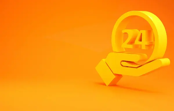 黄色时钟24小时图标孤立在橙色背景 整天循环图标 24小时服务标志 最低纲领的概念 3D渲染3D插图 — 图库照片