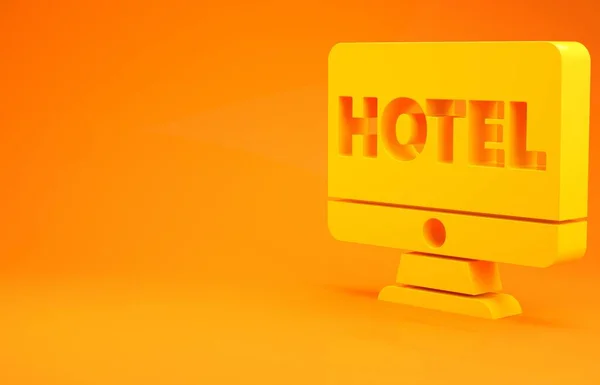 Yellow Online hotel booking icon isolated on orange background. Online booking design concept for computer monitor. Minimalism concept. 3d illustration 3D render