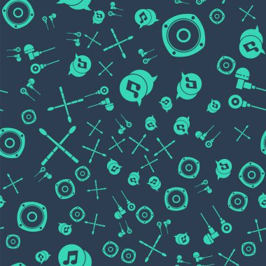 Konuşma balonunda müzikal nota ayarlayın, Stereo hoparlörü, bateri çubukları ve hava kulaklıkları pürüzsüz desen. Vektör