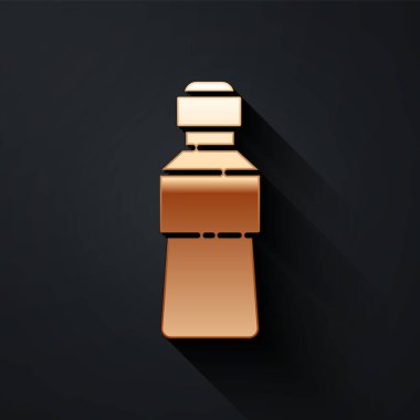 Siyah arka planda izole edilmiş altın şişe su ikonu. Soda su içme tabelası. Uzun gölge tarzı. Vektör İllüstrasyonu