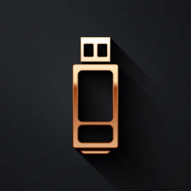 Siyah arkaplanda altın USB flaş bellek simgesi izole edildi. Uzun gölge tarzı. Vektör İllüstrasyonu