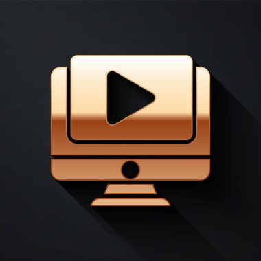 Gold Online video oynatma simgesi siyah arkaplanda izole edildi. Bilgisayar monitörü ve oyun işaretli film şeridi. Uzun gölge tarzı. Vektör İllüstrasyonu
