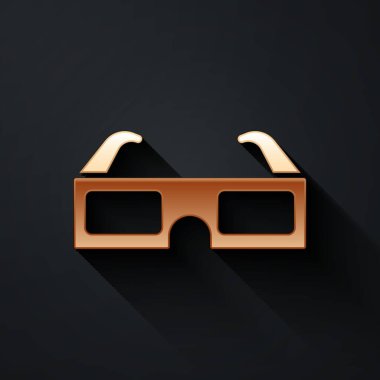 Siyah arka planda izole edilmiş üç boyutlu altın sinema gözlüğü ikonu. Uzun gölge tarzı. Vektör İllüstrasyonu