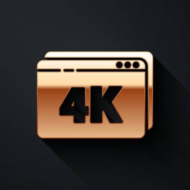 Siyah arkaplanda 4k Ultra HD video teknolojisi ikonu bulunan Gold Online oynatma videosu. Oyun işaretli film şeridi. Uzun gölge tarzı. Vektör İllüstrasyonu