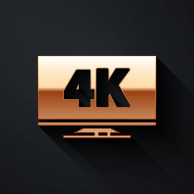 Siyah arkaplanda 4k Ultra HD video teknolojisi ikonu olan altın ekran televizyon. Uzun gölge tarzı. Vektör İllüstrasyonu