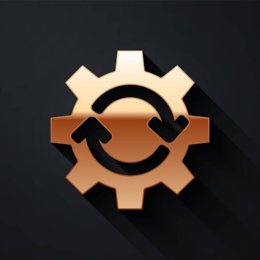 İş akışı konsepti simgesi olarak altın dişli ve oklar siyah arkaplanda izole edildi. Vites doldurma tabelası. Uzun gölge tarzı. Vektör İllüstrasyonu