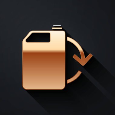 Altın Eko yakıt bidonu ikonu siyah arka planda izole edildi. Çevre biyolojisi ve namlusu. Yeşil çevre ve geri dönüşüm. Uzun gölge tarzı. Vektör İllüstrasyonu