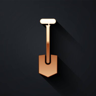 Siyah arkaplanda izole edilmiş altın kürek ikonu. Bahçe aletleri. Bahçecilik, tarım, çiftçilik aleti. Uzun gölge tarzı. Vektör İllüstrasyonu