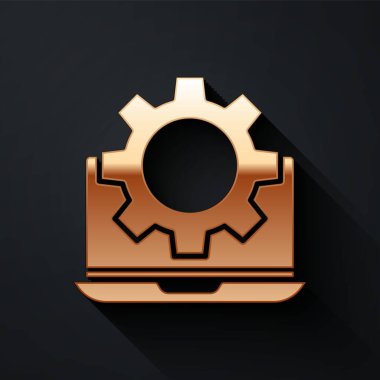 Altın dizüstü bilgisayar ve vites simgesi siyah arkaplanda izole edildi. Uygulama ayarlanıyor, seçenekler ayarlanıyor, bakım, onarım, onarım. Uzun gölge tarzı. Vektör İllüstrasyonu