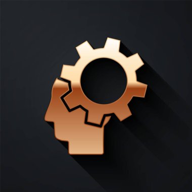 Siyah arka planda izole edilmiş bir ikon içerisindeki ekipman ile altın insan kafası. Yapay zeka. Düşünen beyin. Beynin sembol çalışması. Uzun gölge tarzı. Vektör İllüstrasyonu