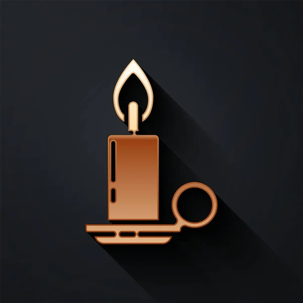 Gold Burning Candle Candlestick Icon Isolated Black Background Cylindrical Candle — Stock Vector