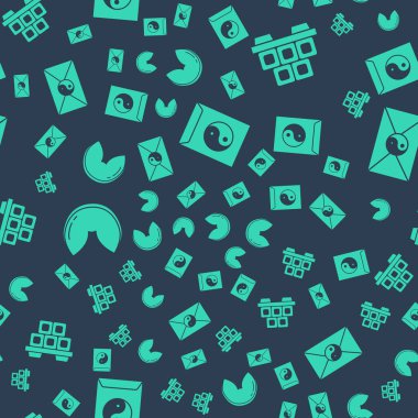 Yin Yang ve zarf, kesme tahtasına suşi, Çin fal kurabiyesi ve pürüzsüz desenli Yin Yang ve zarf koyun. Vektör