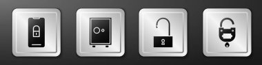 Kapalı asma kilit, güvenli, kilidi aç ve kilidi aç ve anahtar simgesini kullan. Gümüş kare düğme. Vektör