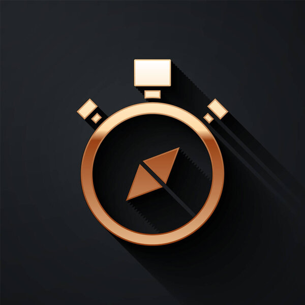 Gold Compass icon isolated on black background. Windrose navigation symbol. Wind rose sign. Long shadow style. Vector Illustration