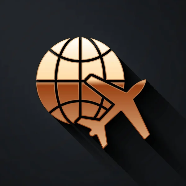 Gold Globe Mit Fliegendem Flugzeug Symbol Auf Schwarzem Hintergrund Flugzeuge — Stockvektor