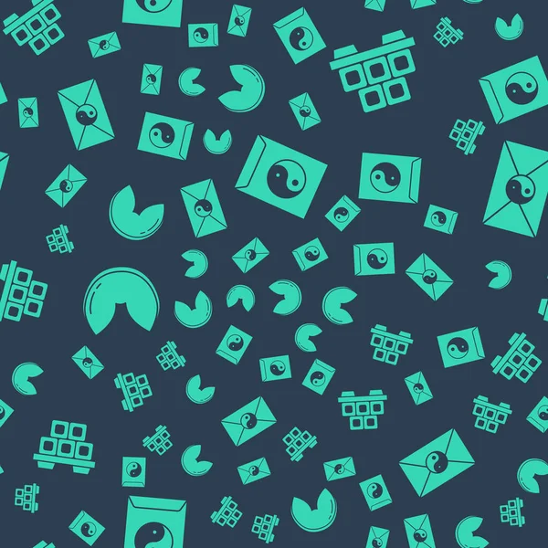 Yin Yang ve zarf, kesme tahtasına suşi, Çin fal kurabiyesi ve pürüzsüz desenli Yin Yang ve zarf koyun. Vektör