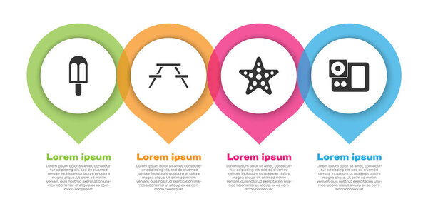 Set Ice cream, Picnic table with benches, Starfish and Photo camera. Business infographic template. Vector