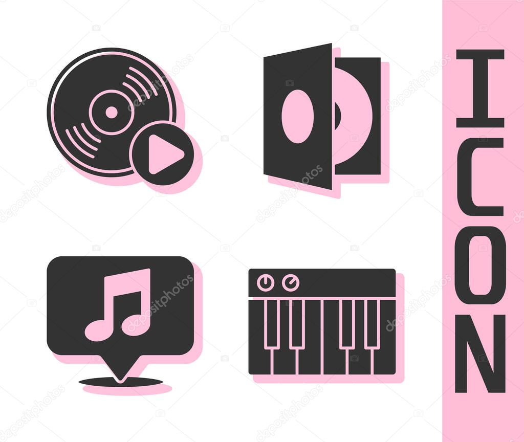 Set Music synthesizer, Vinyl disk, Musical note in speech bubble and Vinyl player with a vinyl disk icon. Vector