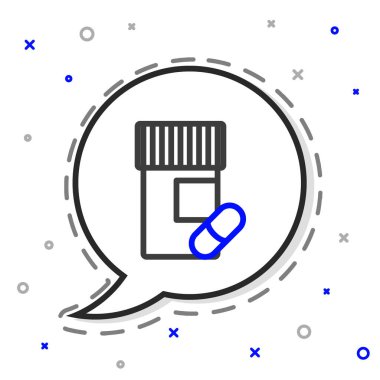 Hat ilacı şişesi ve beyaz arka planda izole edilmiş hap ikonu. Şişe hapı işareti. Eczane tasarımı. Renkli taslak konsepti. Vektör İllüstrasyonu