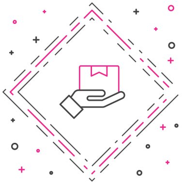 Beyaz arkaplanda izole edilmiş karton kutular simgesi olan çizgi teslimat eli. Kuryeyle kapı kapı dolaşacağız. Renkli taslak konsepti. Vektör İllüstrasyonu