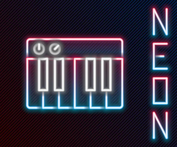 Glödande Neon Line Musik Synthesizer Ikon Isolerad Svart Bakgrund Elektroniskt — Stock vektor