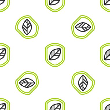 Yaprak simgesine sahip çizgi kalkanı beyaz arka planda izole edilmiş kusursuz desen. Yapraklı çevre dostu güvenlik kalkanı. Vektör İllüstrasyonu