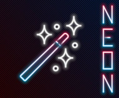 Parlayan neon hattı sihirli değnek simgesi siyah arkaplanda izole edildi. Yıldız şeklinde sihirli aksesuar. Sihirli güç. Renkli taslak konsepti. Vektör İllüstrasyonu