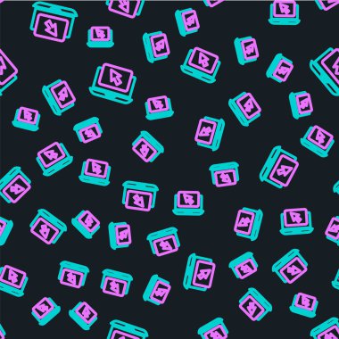 Çizgi dizüstü bilgisayar ve imleç simgesi siyah arkaplanda izole edilmiş. Boş ekran işaretli bilgisayar defteri. Vektör İllüstrasyonu