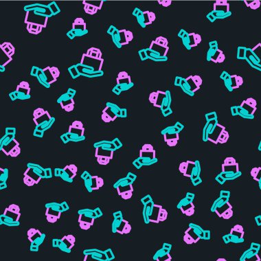 Çevrimiçi sipariş verme ve fast food dağıtım ikonu siyah arka planda izole edilmiş kusursuz desen. Vektör İllüstrasyonu