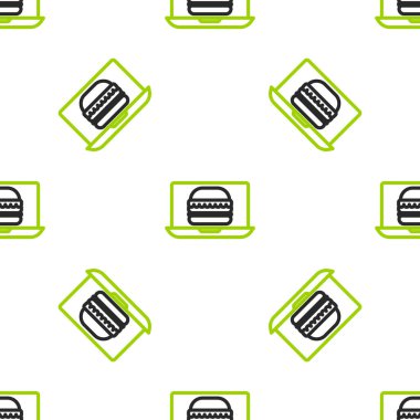 Çevrimiçi sipariş ve hamburger dağıtım simgesi beyaz arka planda izole edilmiş kusursuz desen. Vektör İllüstrasyonu