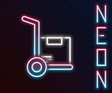 Parlayan neon çizgili el arabası ve siyah arka planda izole edilmiş kutular. Dolly sembolü. Renkli taslak konsepti. Vektör İllüstrasyonu