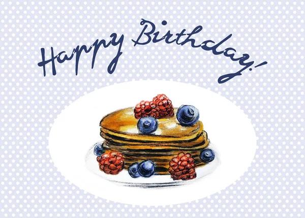 Pancakes with berries- Hand Drawn Sketch - Happy Birthday