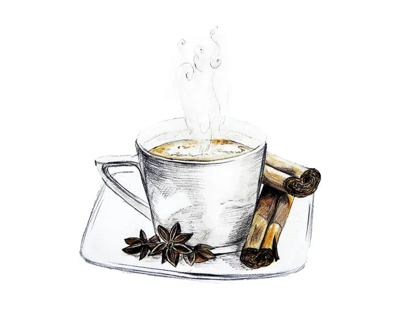 Hand drawn illustration cup of coffee with cinnamon and star ani — Stock Photo, Image