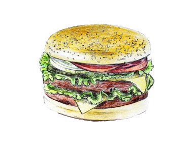 El çizimi hamburger renk beyaz adam çekilmiş