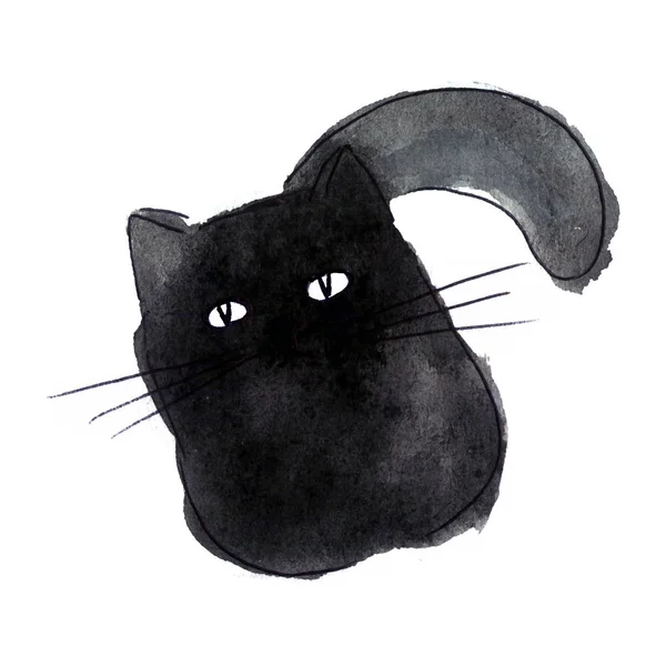 Ładny czarny kot. Akwarela dzieci ilustracja — Zdjęcie stockowe