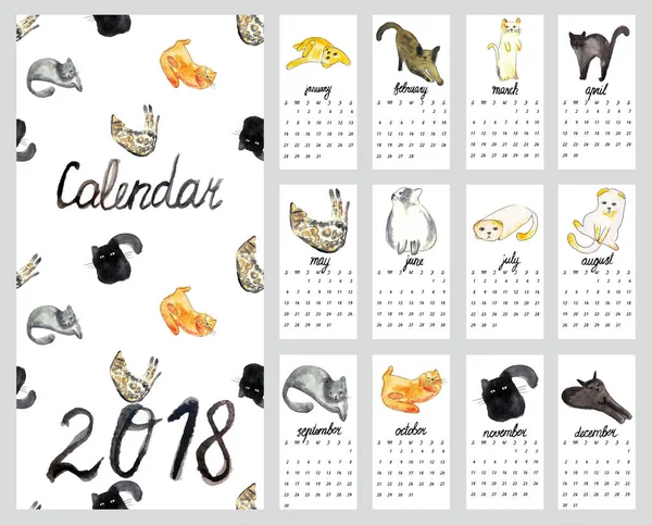 Calendrier 2018 avec aquarelle illustration chats — Photo