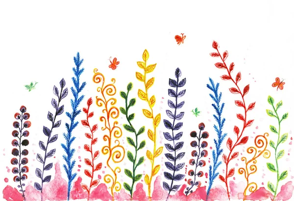 Hand painted watercolor colorful plants, twigs and flowers.