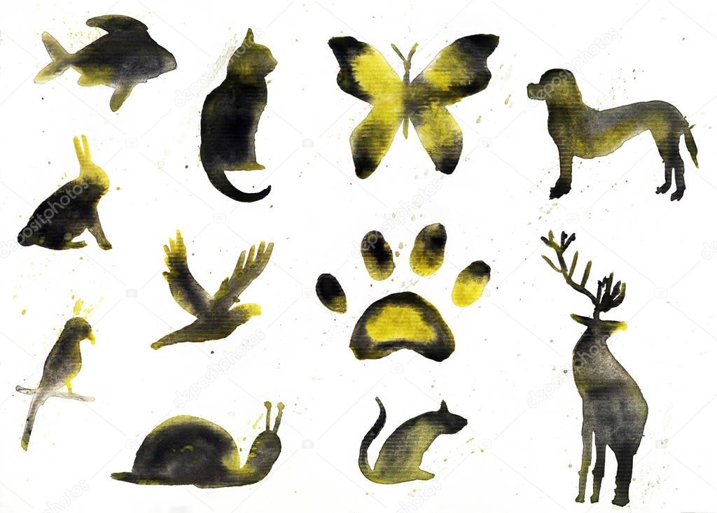 Collection of animal silhouettes, watercolor hand drawn 
