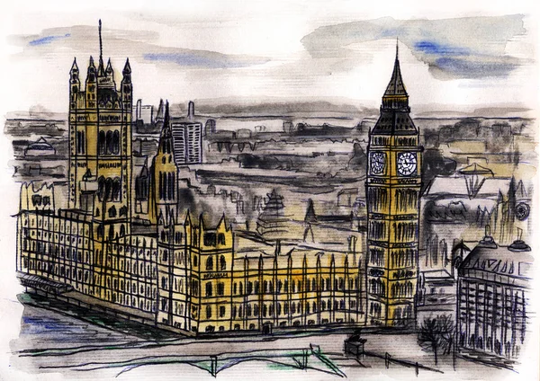 Aquarelle dessinée à la main illustration colorée de Londres vue sur la ville — Photo