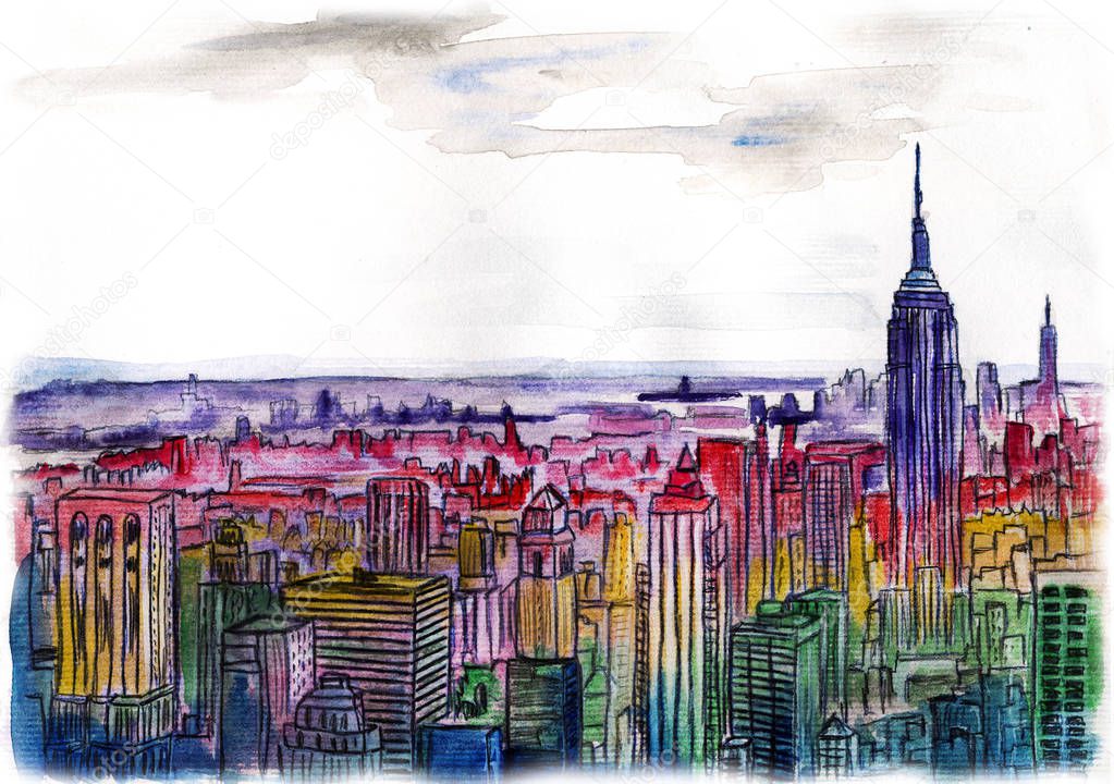 Watercolor drawing cityscape big city downtown