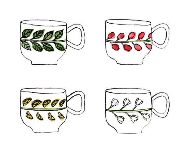Conjunto de xícaras de chá e canecas pintadas por aquarela . — Fotografia de Stock