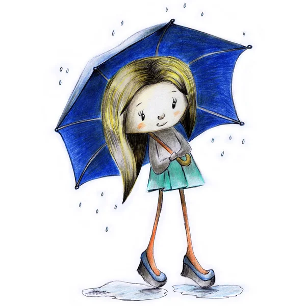 Sketch painted girl in the rain with an umbrella in hand in autumn