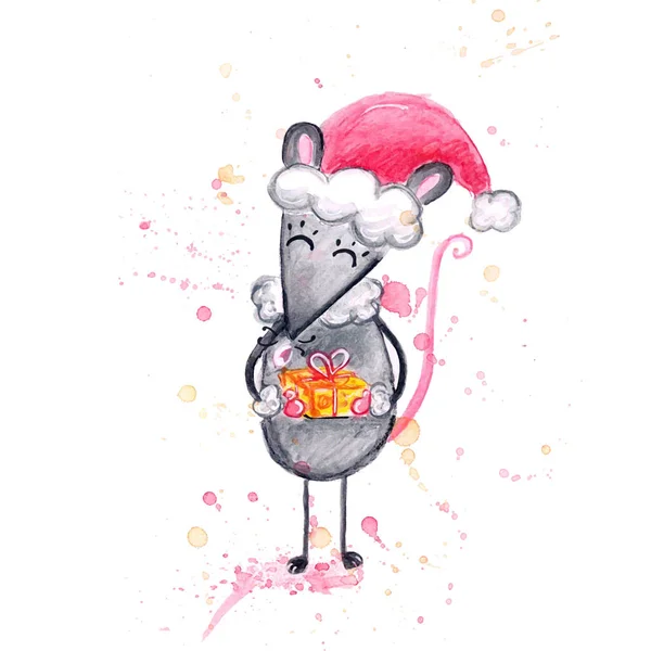 Aquarel met de hand getekend schets illustratie van Kerstmis Gray muis — Stockfoto