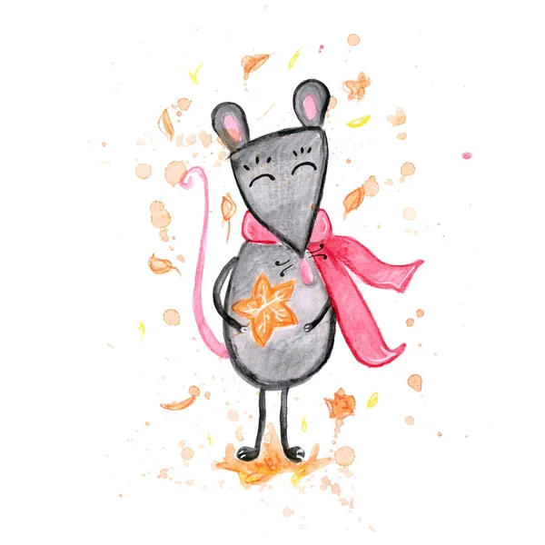 Acuarela dibujado a mano ilustración del otoño Gris ratón — Foto de Stock