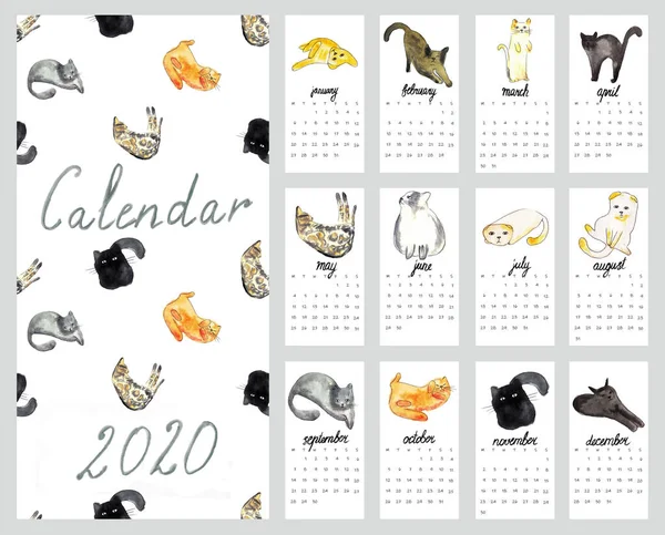 Calendario 2020 con ilustración de acuarela gatos —  Fotos de Stock
