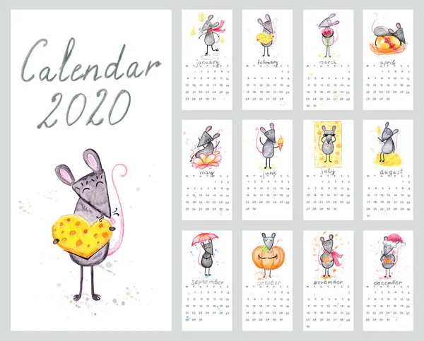 Calendario 2020 con ratones de ilustración de acuarela —  Fotos de Stock
