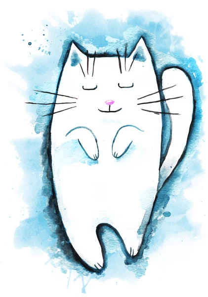 Lindo Gato Blanco Sonríe Sobre Fondo Blanco Acuarela Ilustración Dibujada — Foto de Stock