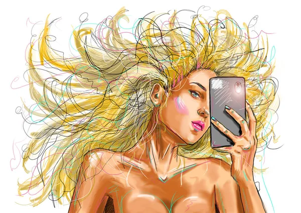 Digital Handdraw Fashion Illustration Beautiful Girl Smartphone Hand — Stock Photo, Image