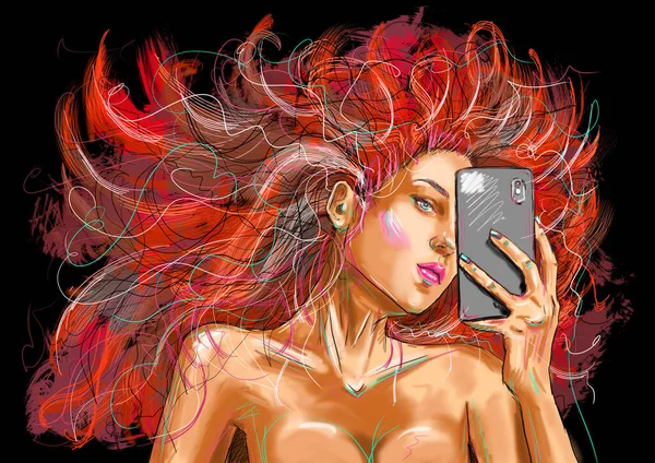 Digital handdraw fashion illustration with a beautiful girl with smartphone in hand